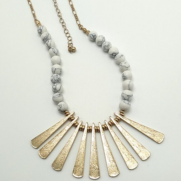 Long Marbled Beaded Statement Necklace with Gold-tone Textured Bar Pendants - Picture 5 of 16